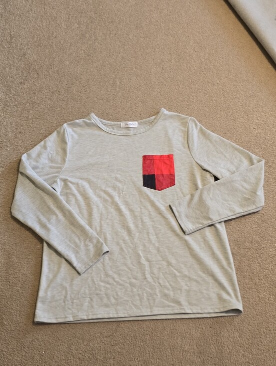 Freestyle Tops - Freestyle Light Gray Long Sleeve Tee with Red and Black Plaid Pocket